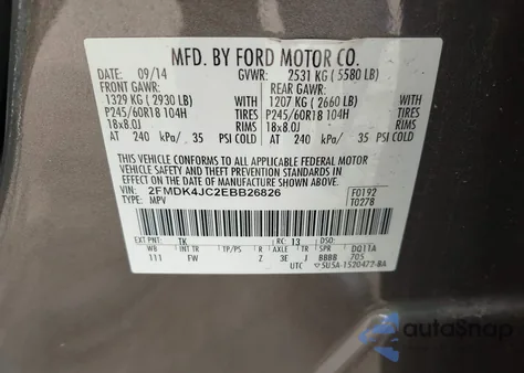 2014 Ford Edge Sel из США, поврежденный, VIN 2FMDK4JC2EBB26826